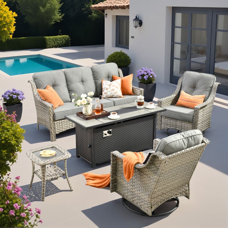 OVIOS 5 Pieces Outdoor Wicker Set with 54" Fire Table