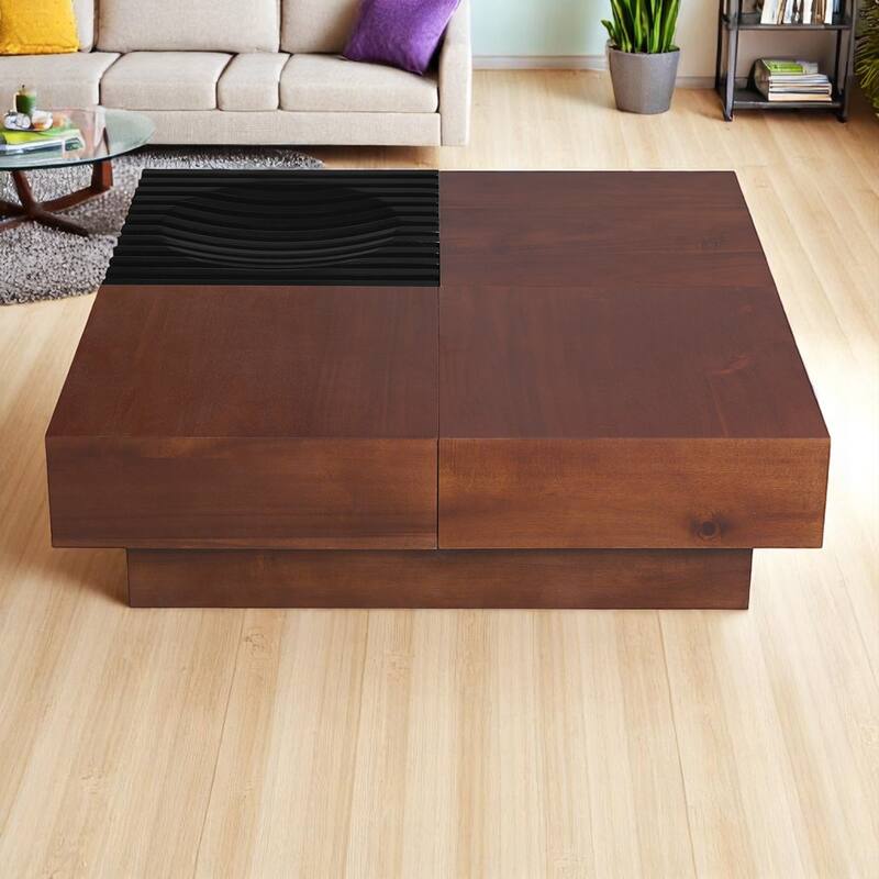 Square Acacia wood storage coffee table with Hidden Storage, 35" Solid Wood Living Room Table,end tables
