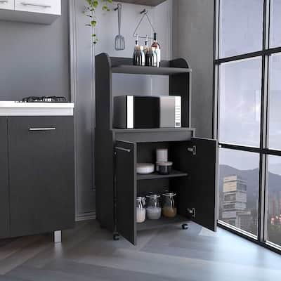 Microwave Kitchen Cart with 2 Doors and Open Shelf for Storage, Portable Storage Cabinet on Wheels for Living Room, Black
