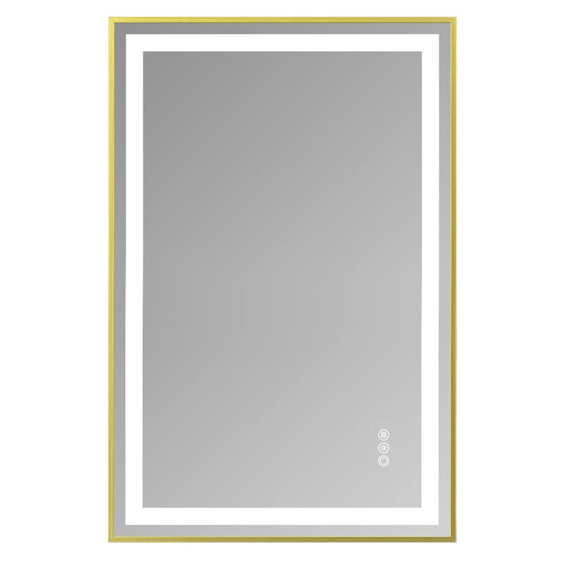 Gold Metal LED Vanity Mirror with Tempered Glass, Defog and Dimmable Lights - 36” W x 24” H - Gold
