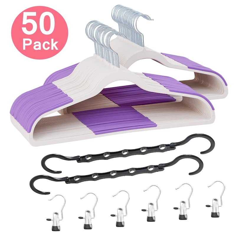 Clothes Hangers Plastic Coat Hangers Non-Slip Space-Saving Swivel Hook - 50 Pack - Purple
