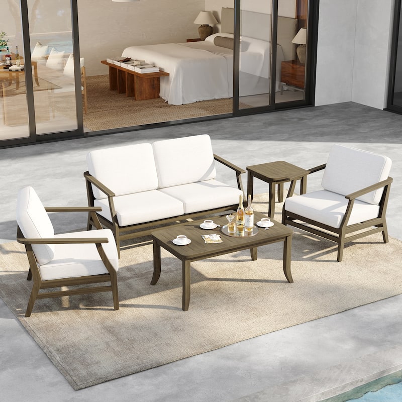 5-Piece Outdoor Teak Wood Patio Conversation Set with Cushions