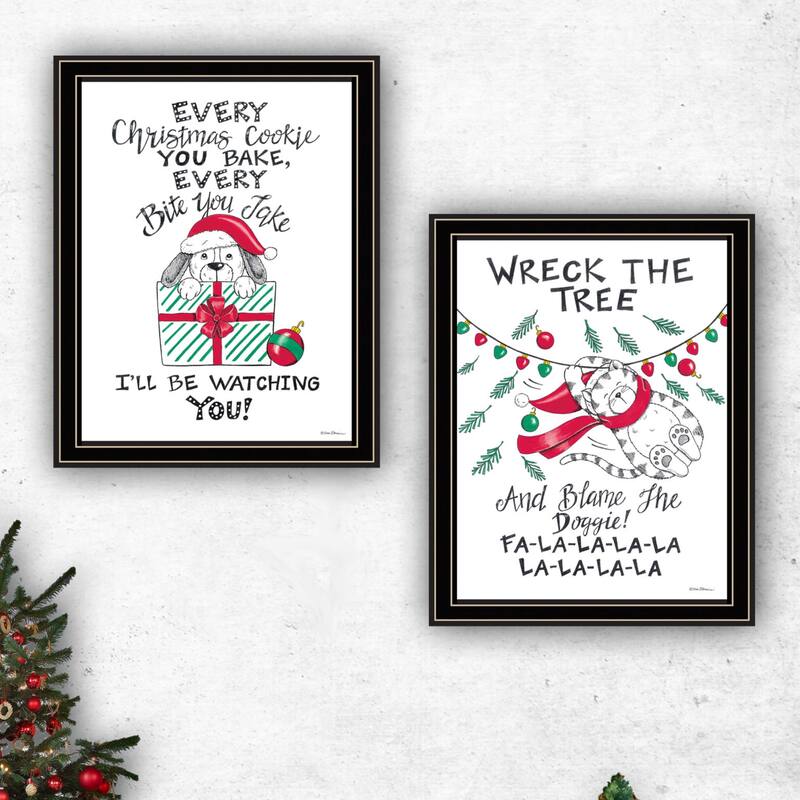 2-Piece Framed Wall Art Set - Cat & Dog Christmas Enjoyment, Black Frame