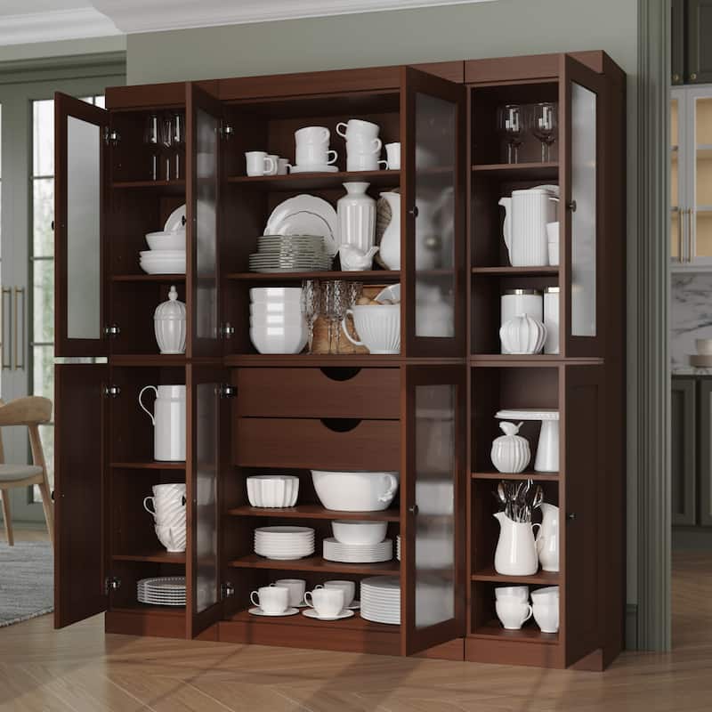 Palace Imports 100% Solid Wood 65" Pantry Cabinet with Frosted Glass, Shaker Doors, 2-Drawers and Adjustable Shelves