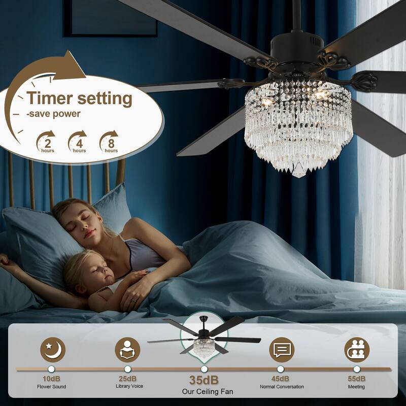 Cusp Barn 65" Modern Crystal Ceiling Fan with Lights and Remote, 6 Speeds Silent DC Motor Large Chandelier Ceiling Fan