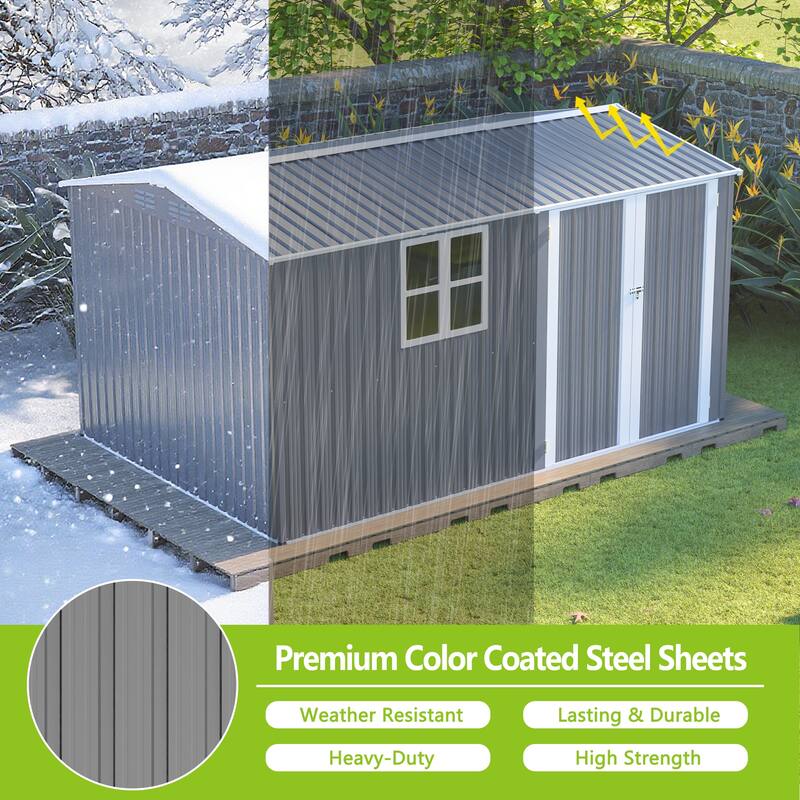 8x12 FT Outdoor Metal Storage Shed with Window, Lockable Hinged Doors and 4 Vents, Heavy Duty Steel Shed