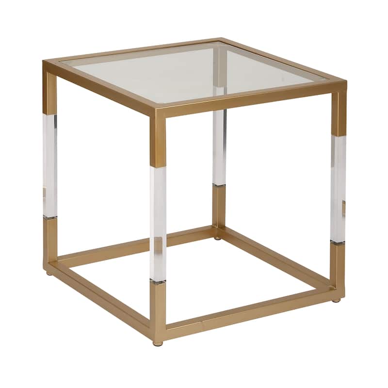 Metal Floral Cube Shaped Accent Table with Clear Glass Top and Acrylic Legs - Silver or Gold - Roche River Decor