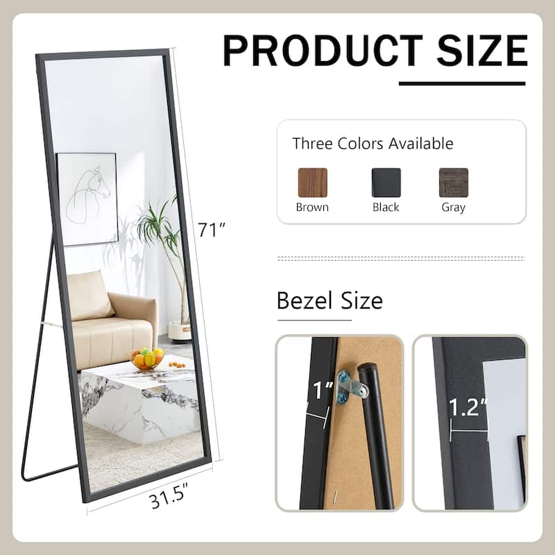 Roomfitters Full-Length Mirror with Black Solid Wood Frame, 71"x31.5" Floor Standing or Wall-Mounted Dressing Mirror