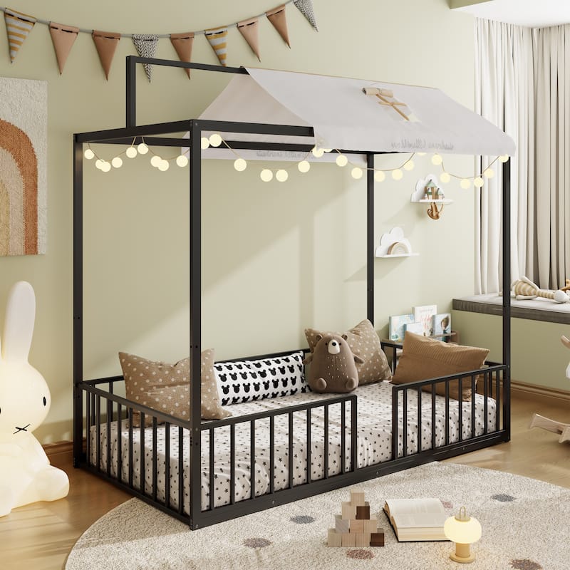 3-in-1 Convertible Metal Bed for Kids, Toddler Floor Bed, Fenced Bed and Montessori Elevated Bed with House-shaped Frame