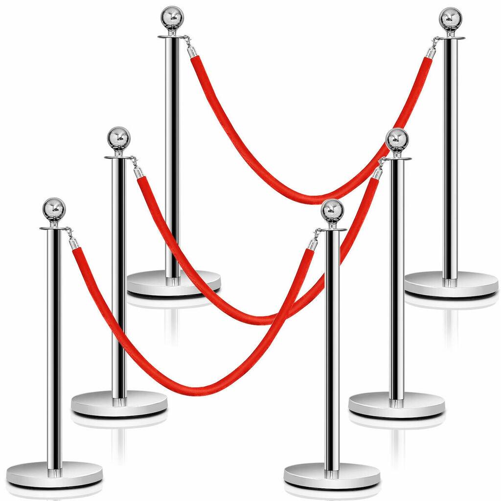 Costway 6Pcs Stanchion Posts Queue Pole Retractable 3 Velvet Ropes
