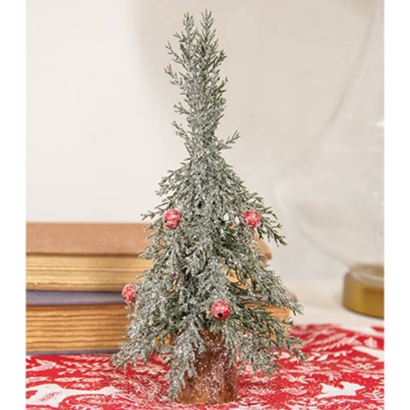 Winter Frost Pine Tree with Red Baubles Tabletop Decoration