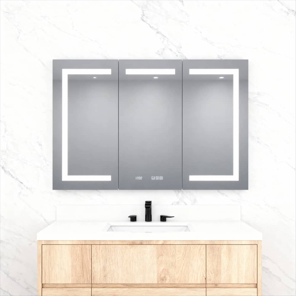 Rectangular Aluminum Recessed/Surface Mount Medicine Cabinet in Silver with Mirror LED and Clock