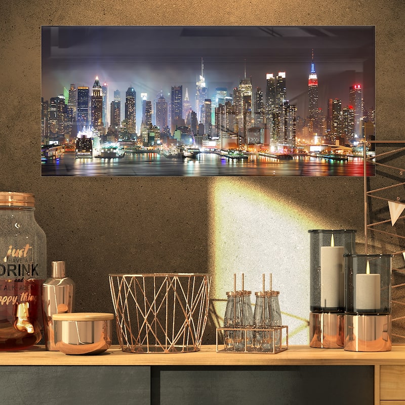 Designart 'Lit NYC Manhattan Skyline' Cityscape Photo Metal Wall Art