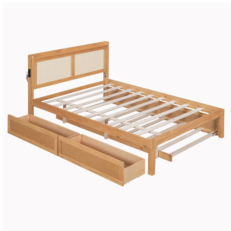Elegant Bed Frame with Rattan Headboard and Sockets