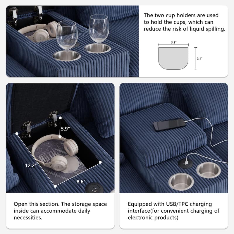124" Modern Modular Sofa with Double Recliner and USB Port with Center Console
