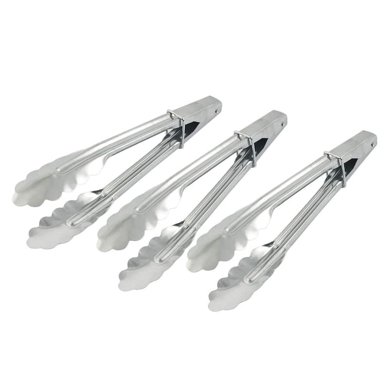 Metal Clip BBQ Barbecue Buffet Meat Bread Food Locking Tongs Silver Tone 3PCS - Silver Tone