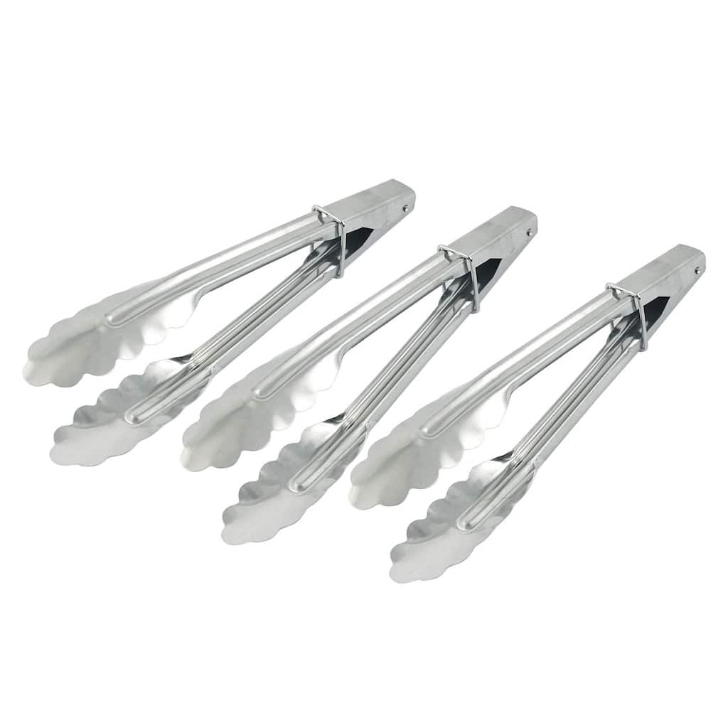 Metal Clip BBQ Barbecue Buffet Meat Bread Food Locking Tongs Silver Tone 3PCS - Silver Tone