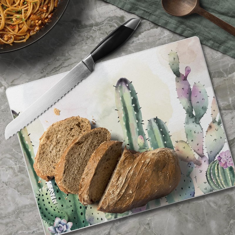 Watercolor Cactus 3mm Heat Tolerant Tempered Glass Cutting Board 10” x 8” Manufactured in the USA Dishwasher Safe