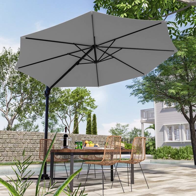 LIVOOSUN 10FT Round Cantilever Umbrella Patio Offset Umbrella For Outdoor Space, Solution-Dyed Fabric, 360° Rotation System - WarmGray