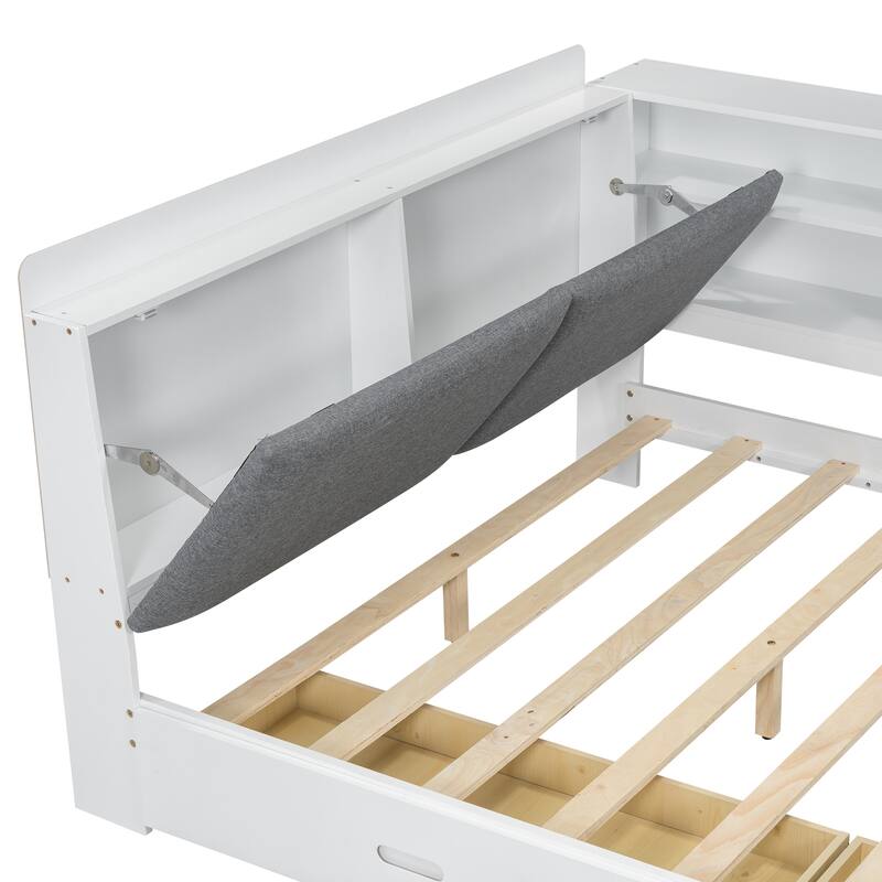 Full Size Wood Platform Bed with Storage Headboard, Shelves, and 2 Drawers in Gray - No Box Spring Required