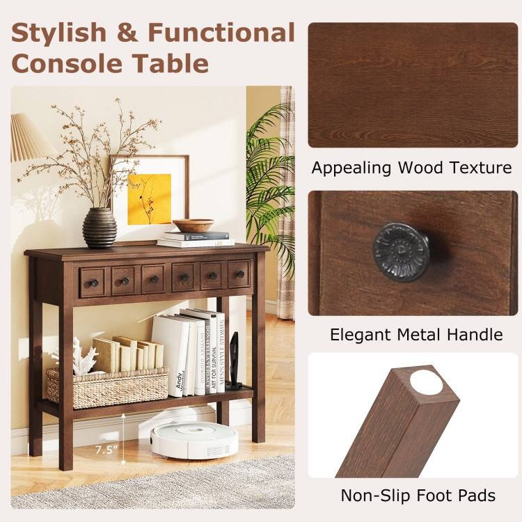 Espresso Rustic Console Table with Drawers and Shelf Solid Pine Wood Entryway Table - 38" x 13" x 32"