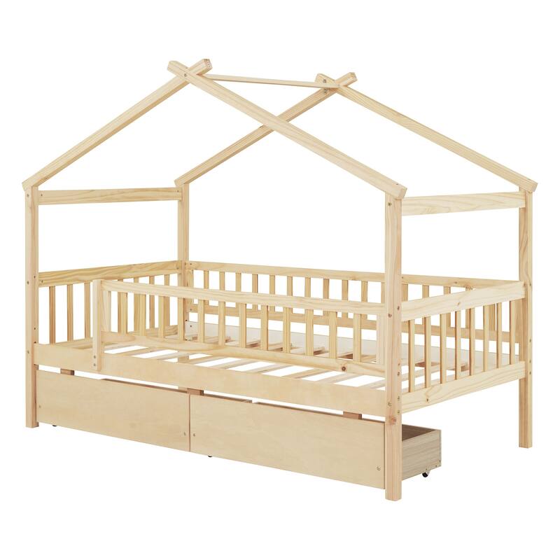 Twin Size Wooden House Bed with Two Drawers, Natural