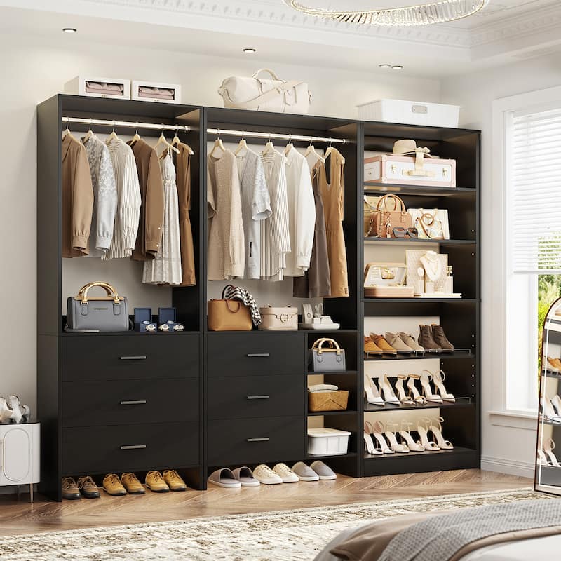 Set of 3 Closet System with Drawers and Shoe Rack, Freestanding Closet Organizer with Hanging Rods and Tower Shelves - Black