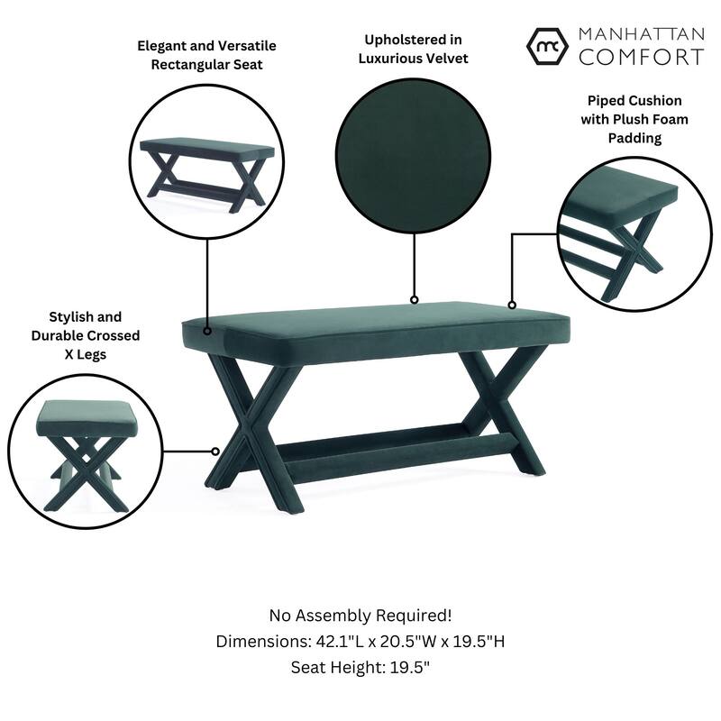 Manhattan Comfort Abigail Mid-Century Modern Velvet Upholstered Bench