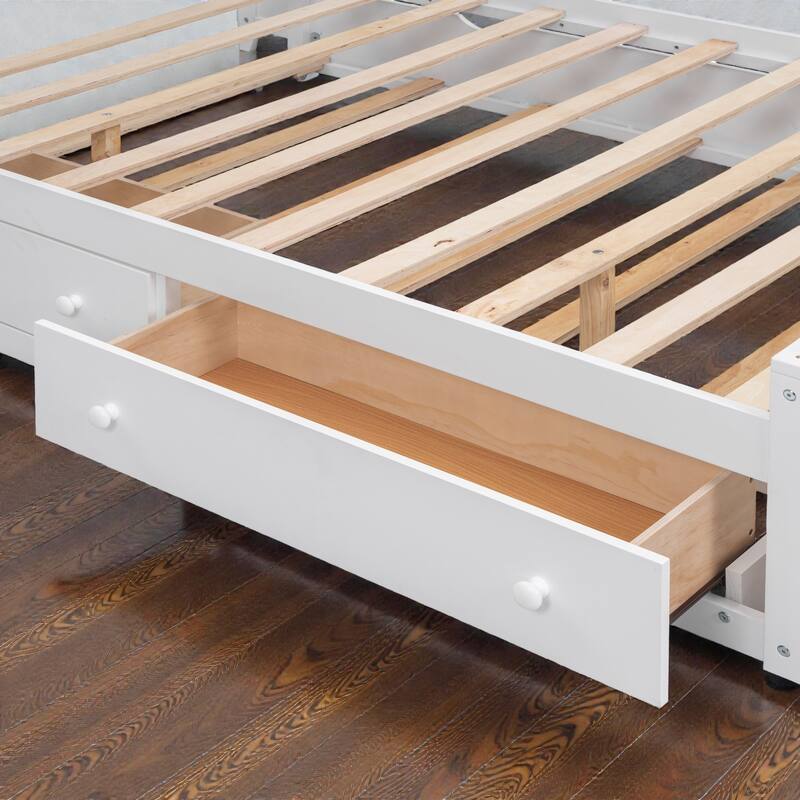 Wooden Platform Bed with Storage Headboard, Drawers, Twin Trundle and Built-In Outlets