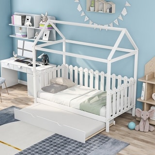 Twin Size House Bed with trundle, Fence-shaped Guardrail