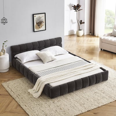 Platform Bed Frame, Chenille Upholstered Bed with Headboard and Solid Frame