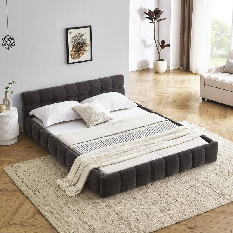 Queen Size Upholstered Bed Frame With Thick Fabric, Chenille Grounded Platform Bed With Headboard - Gray