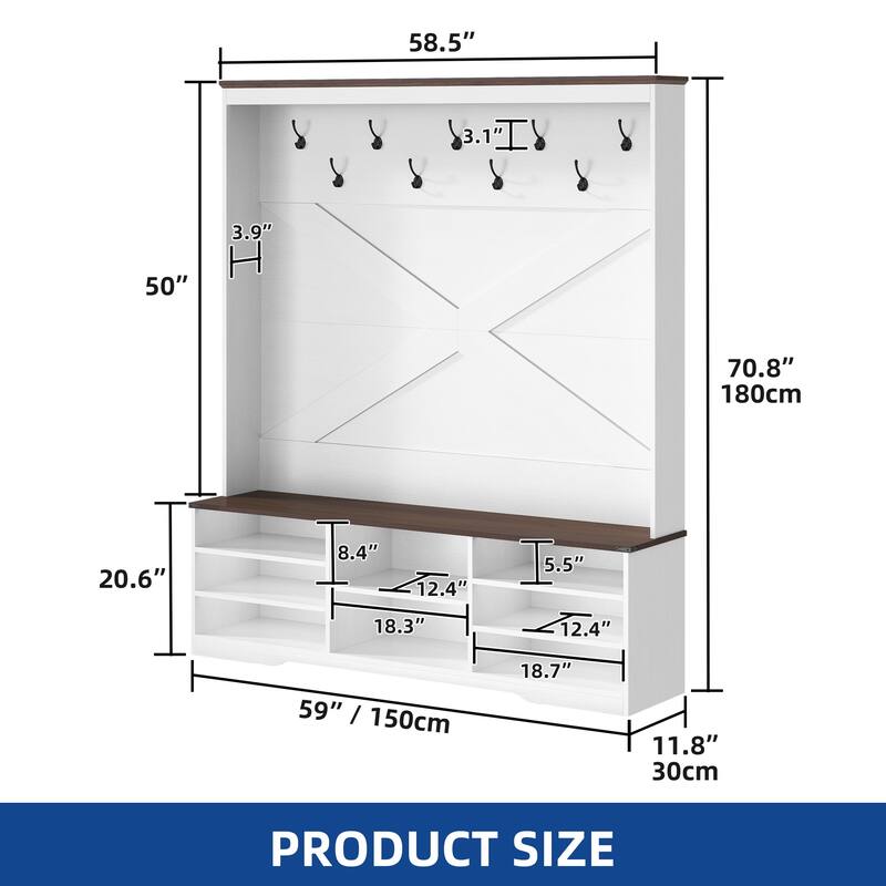 Moasis Hall Tree Coat Rack with Bench Shoe Storage w/ 10 Hooks for Entryway