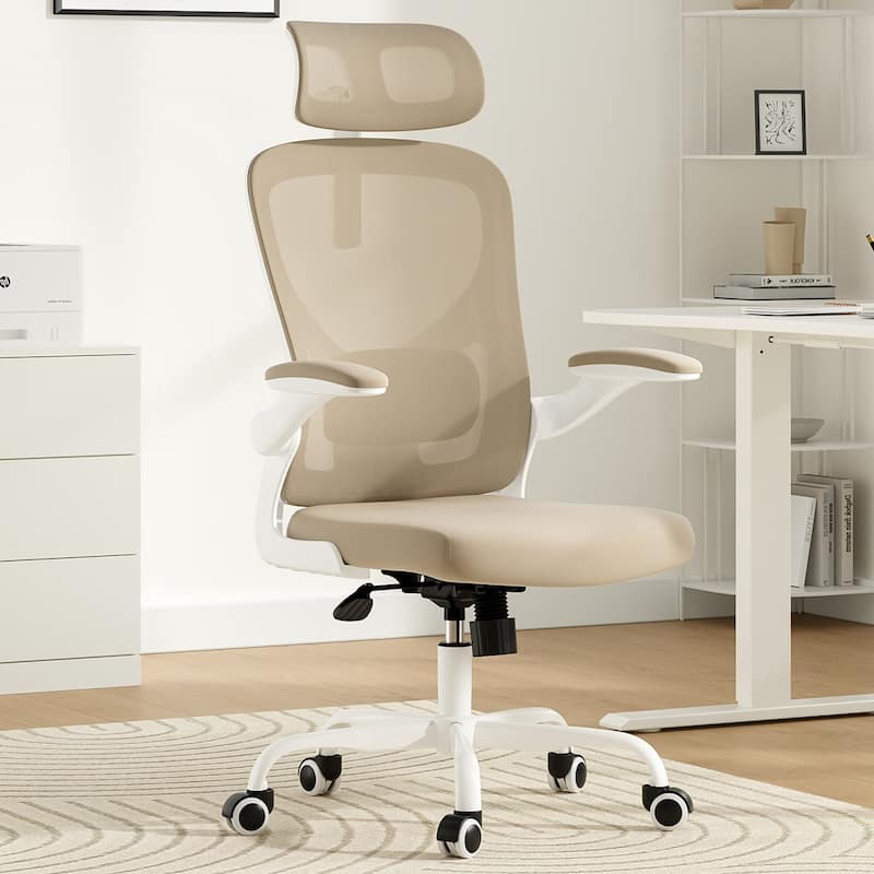 Ergonomic Office Chair With Headrest,High Back Computer Chair With Armrests And Adjustable Lumbar Support - khaki,White