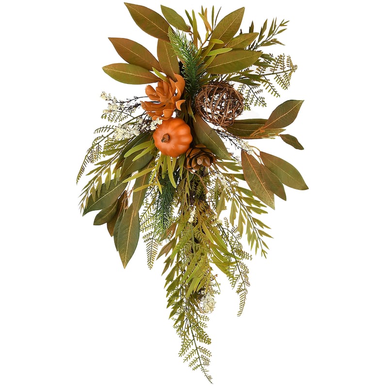 National Tree Company Artificial Autumn Wall Decoration with Fern Fronds, Leaves, Pumpkins, Twig Cones, 26 Inches - 26 in
