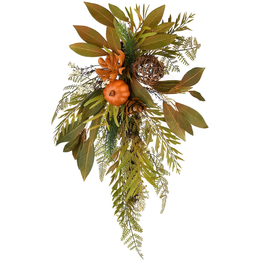 National Tree Company Artificial Autumn Wall Decoration with Fern Fronds, Leaves, Pumpkins, Twig Cones, 26 Inches - 26 in