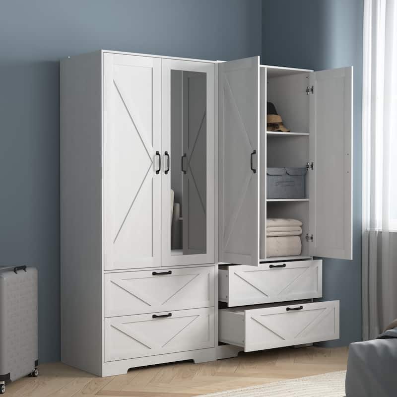2 Door Wood Wardrobe with Hanging Clothing Rod inside the Cabinet and 2 Drawers, Multifunctional Closet with Mirror