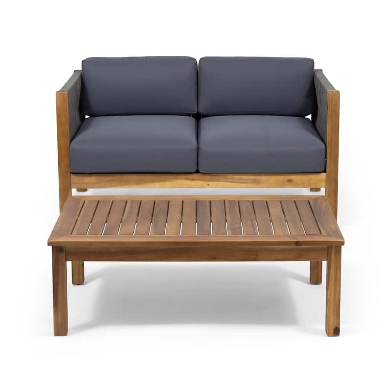 2-Piece Wood Patio Conversation Set with Beige Cushions