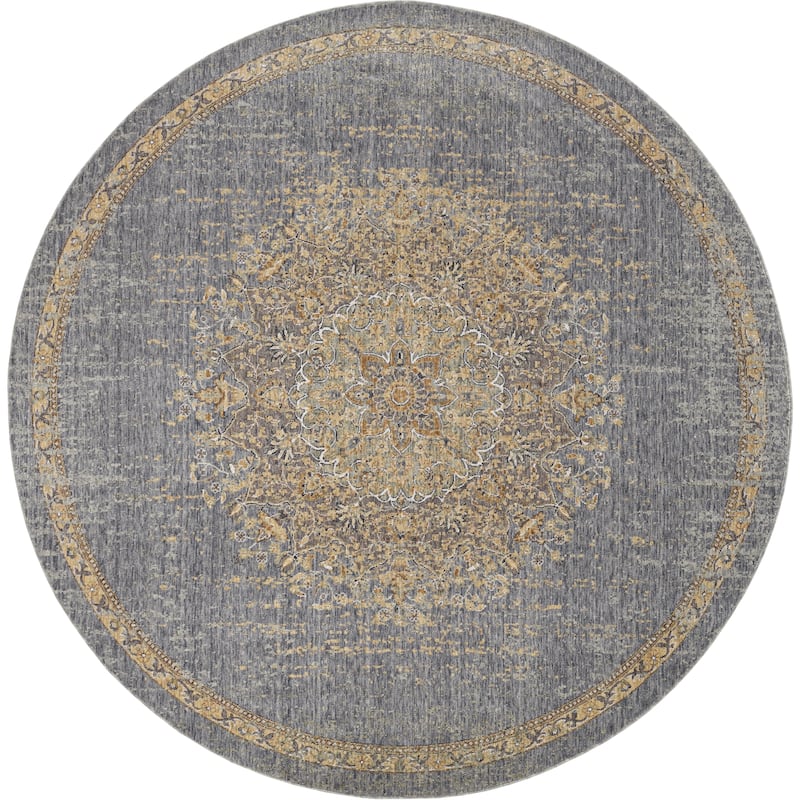 Gracewood Hollow Wool Vintage Medallian Oriental Area Rug - 9' Round - Light Blue
