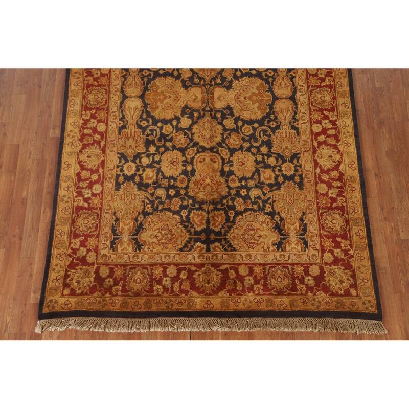 Navy Blue Floral Agra Oriental Area Rug Hand-Knotted Wool Carpet - 5'11" x 8'11"