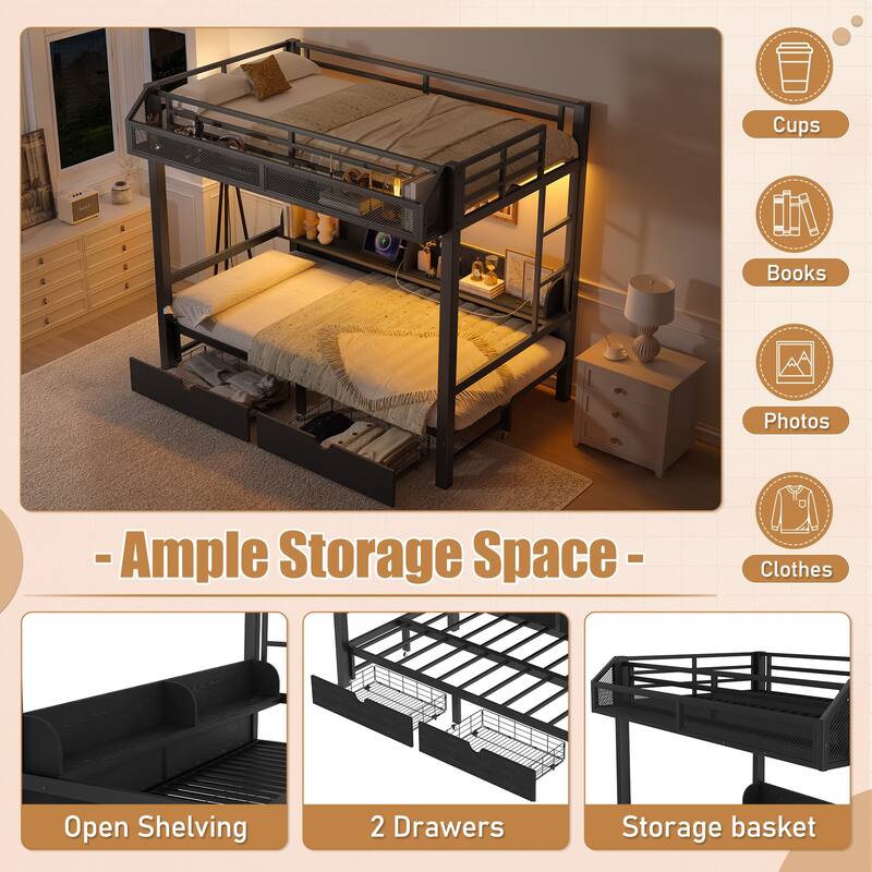 Twin XL over Twin XL Bunk Bed with Storage Shelves and Drawers,Multifunctional Metal Bunk Beds with USB Ports and LED Lights