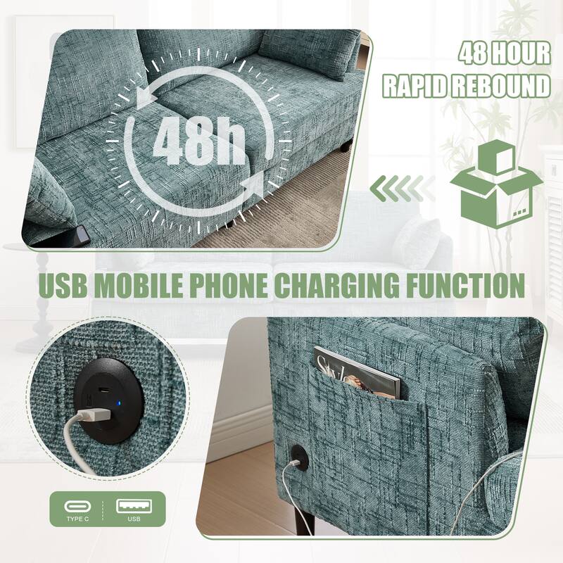 Modern Style Chenille 2-Seater Wood-Legged Sofa With Led Light,USB Charging Port And Storage Bag Living Room Bedroom Study Room