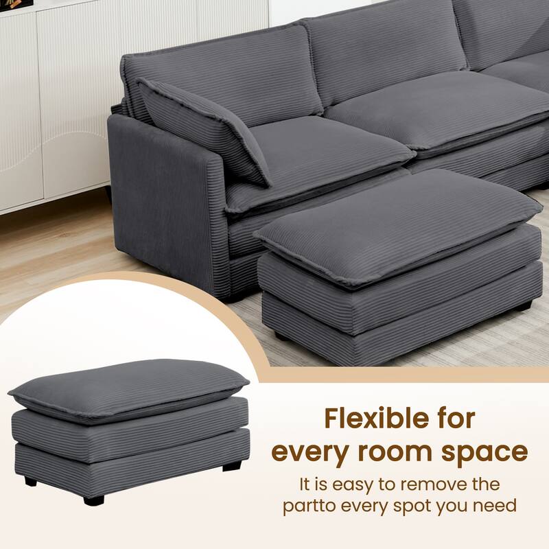 7-Seater Corduroy Sectional Sofa with 2 Removable Ottomans & Corner Seat, Soft & Comfortable - 5 Seats with 2 Ottoman