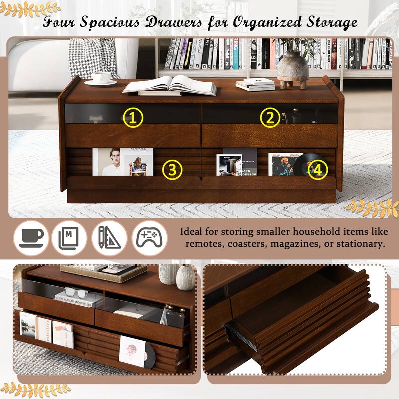 47.2" Modern Rectangular Coffee Table with 4 Storage Drawers, 2 Display Shelves and Tempered Glass Fronts