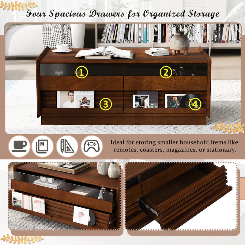 Modern Coffee Table with Tempered Glass Drawers & Grooved Design, End Table Office Table with Open Display Shelves