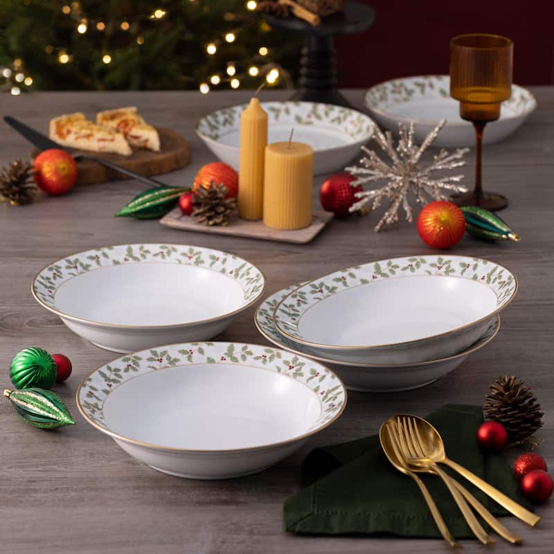 Holly & Berry Gold Set of 4 Rim Dinner Bowls, 10", 25 oz.