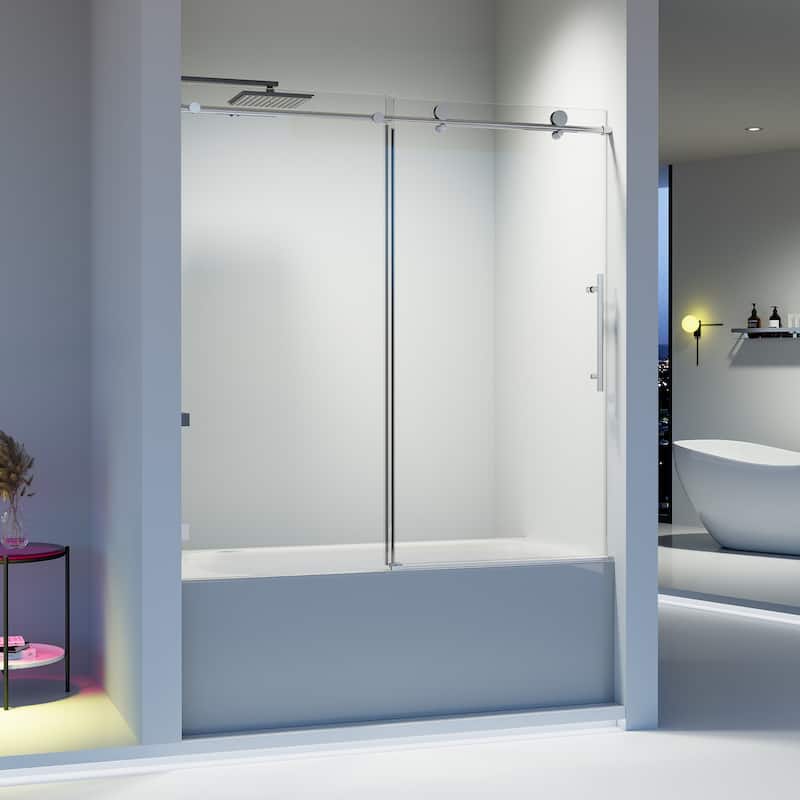 56-60" W x 60" H Frameless Single Sliding Shower Door, 8mm Tempered Glass Soft-Close Bathroom Enclosure - 60x60" - Chrome