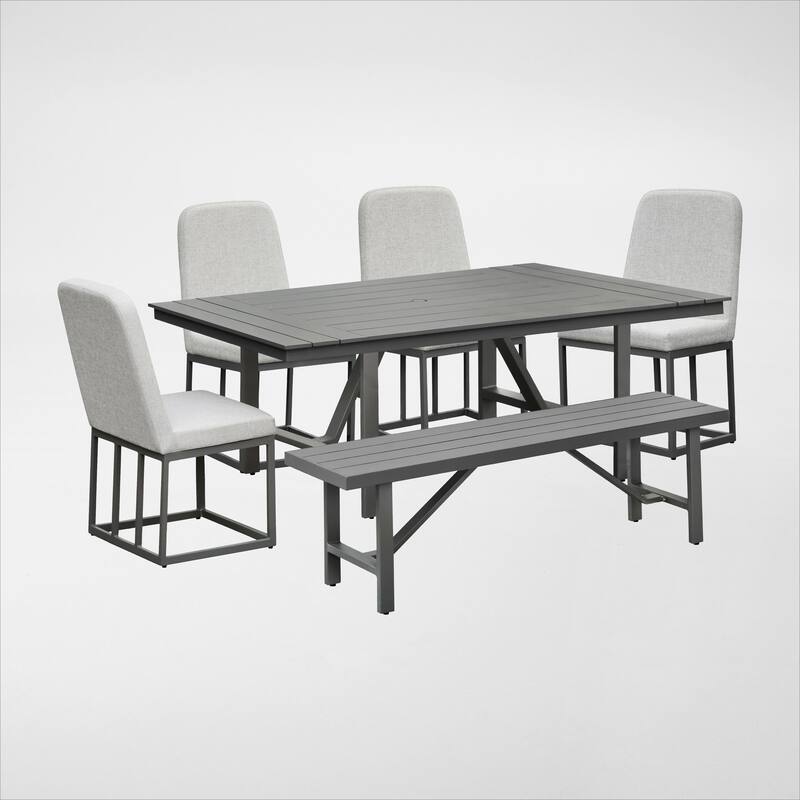 Navarro Outdoor Dining Set - Mocha 6-PC with Bench and Upholstered Chairs
