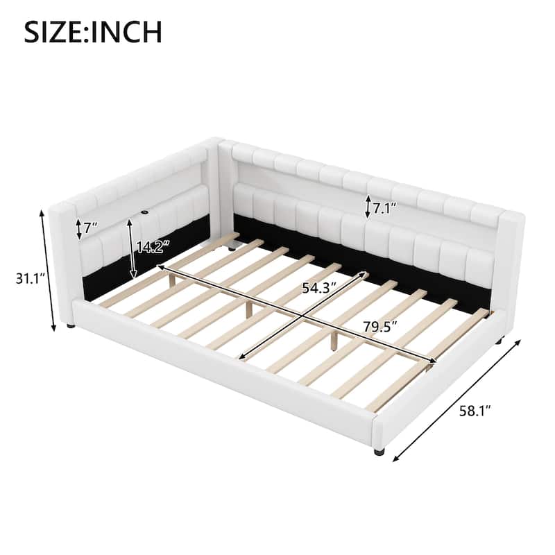 Upholstered Low-Profile Daybed Platform Bed Built-in USB Ports and LED Light Belt, Grounded Design with Padded Backrest