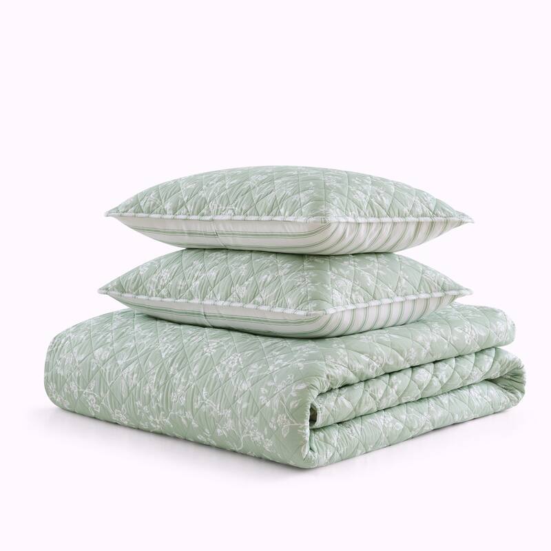 Martha Stewart French Bird Floral Green Cotton Reversible Quilt Set
